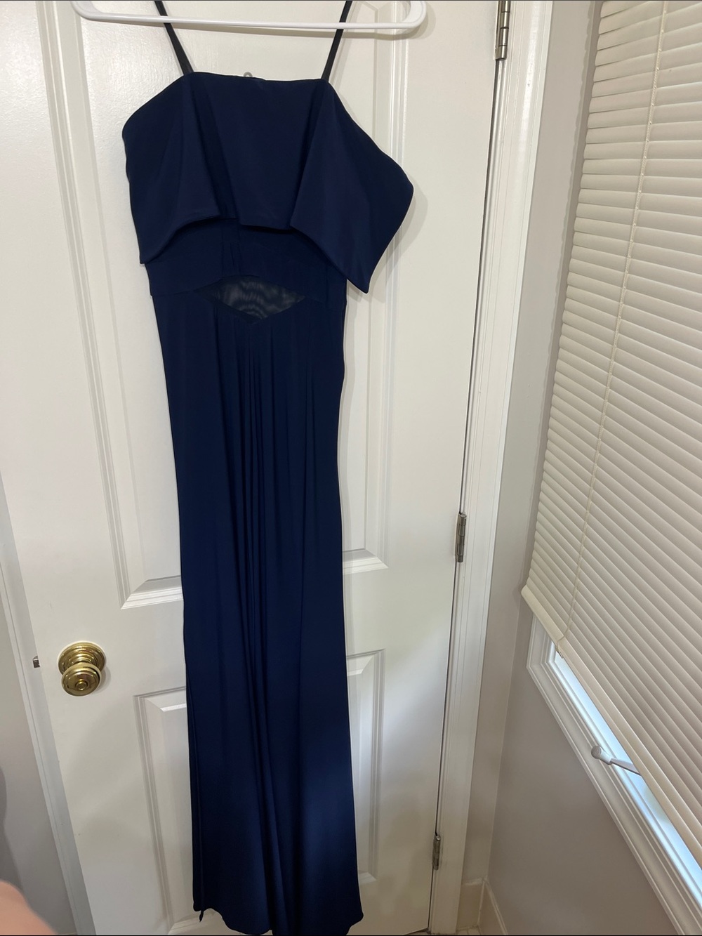 Xscape Strapless Navy Blue Evening Gown with Flounce Bodice
